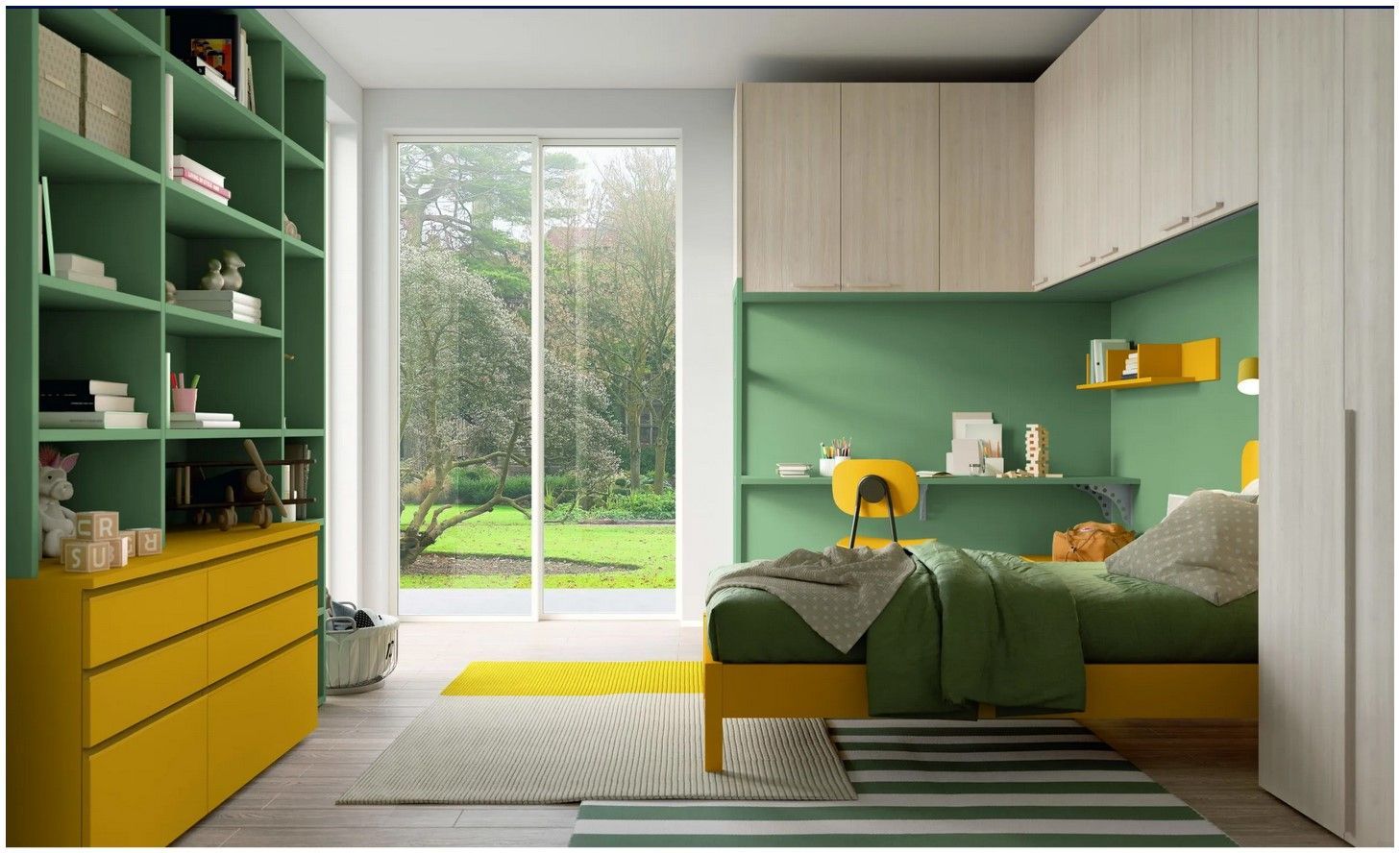 Una camera da letto con un letto, una cassettiera, degli scaffali e una finestra.