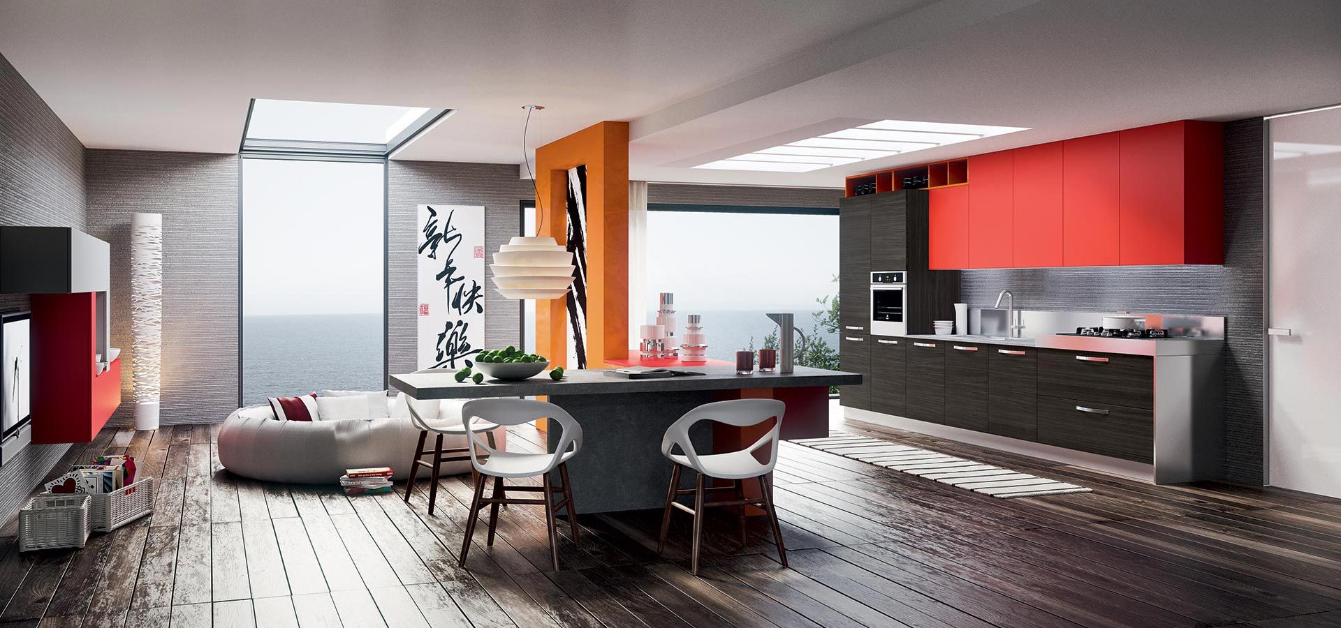 Una cucina con mobili rossi e una grande isola al centro