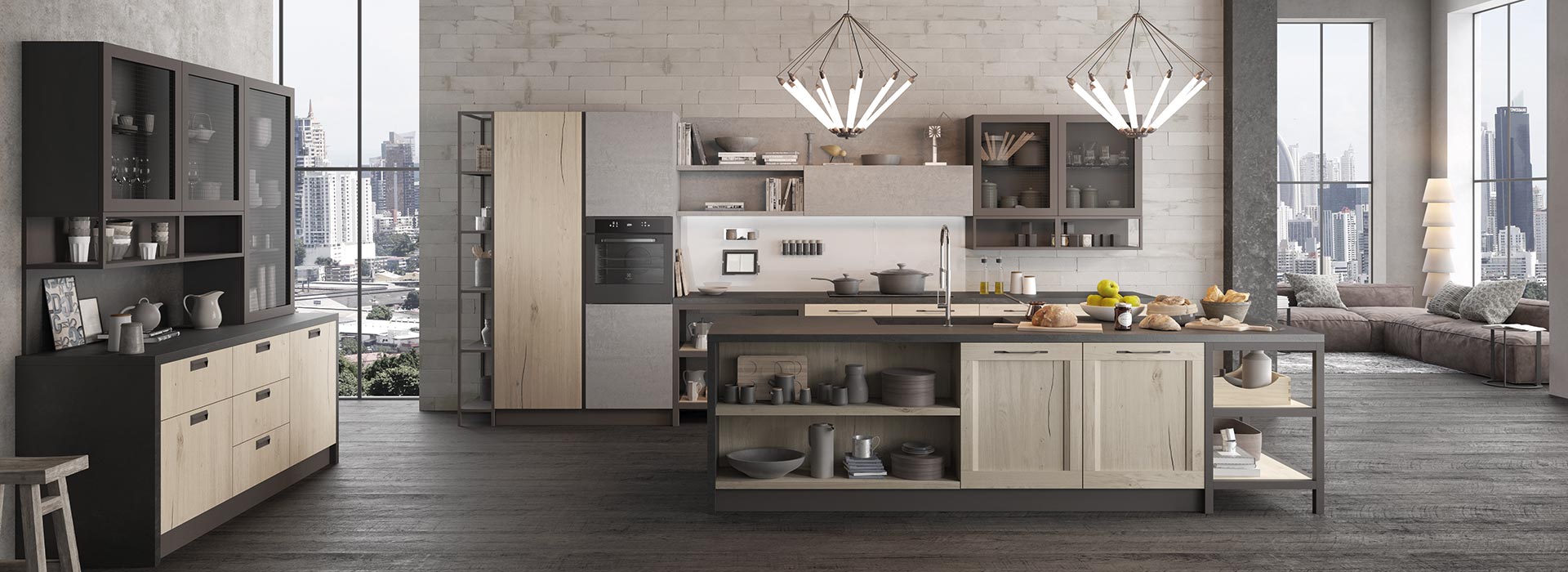 Una cucina con una grande isola al centro della stanza.