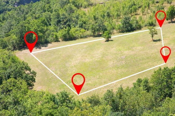 Aerial view of a cleared grassy plot of land bordered by white lines and marked by red location pins, surrounded by green trees.