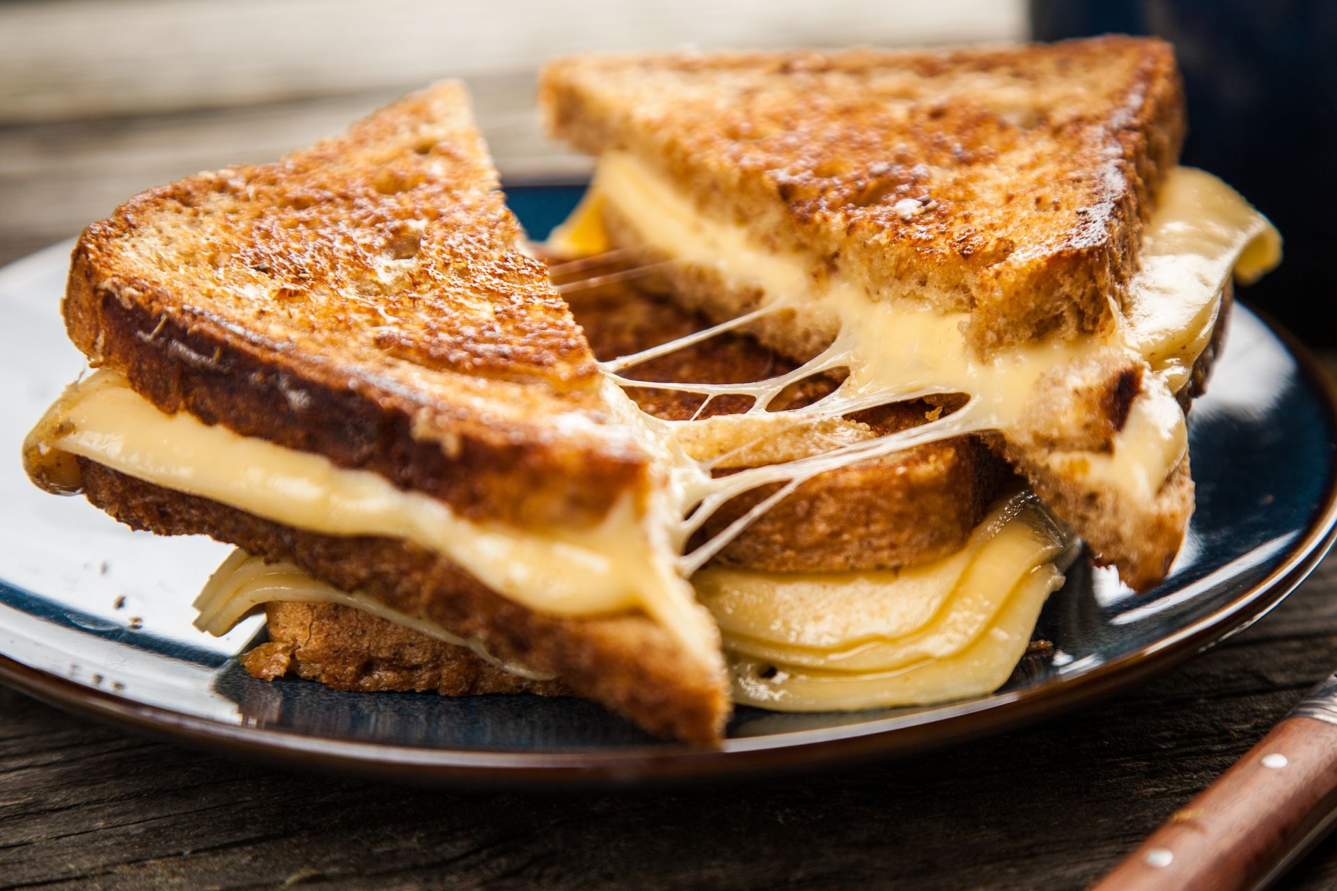 Grilled cheese sandwich on a plate, with melted cheese oozing between golden-brown bread.