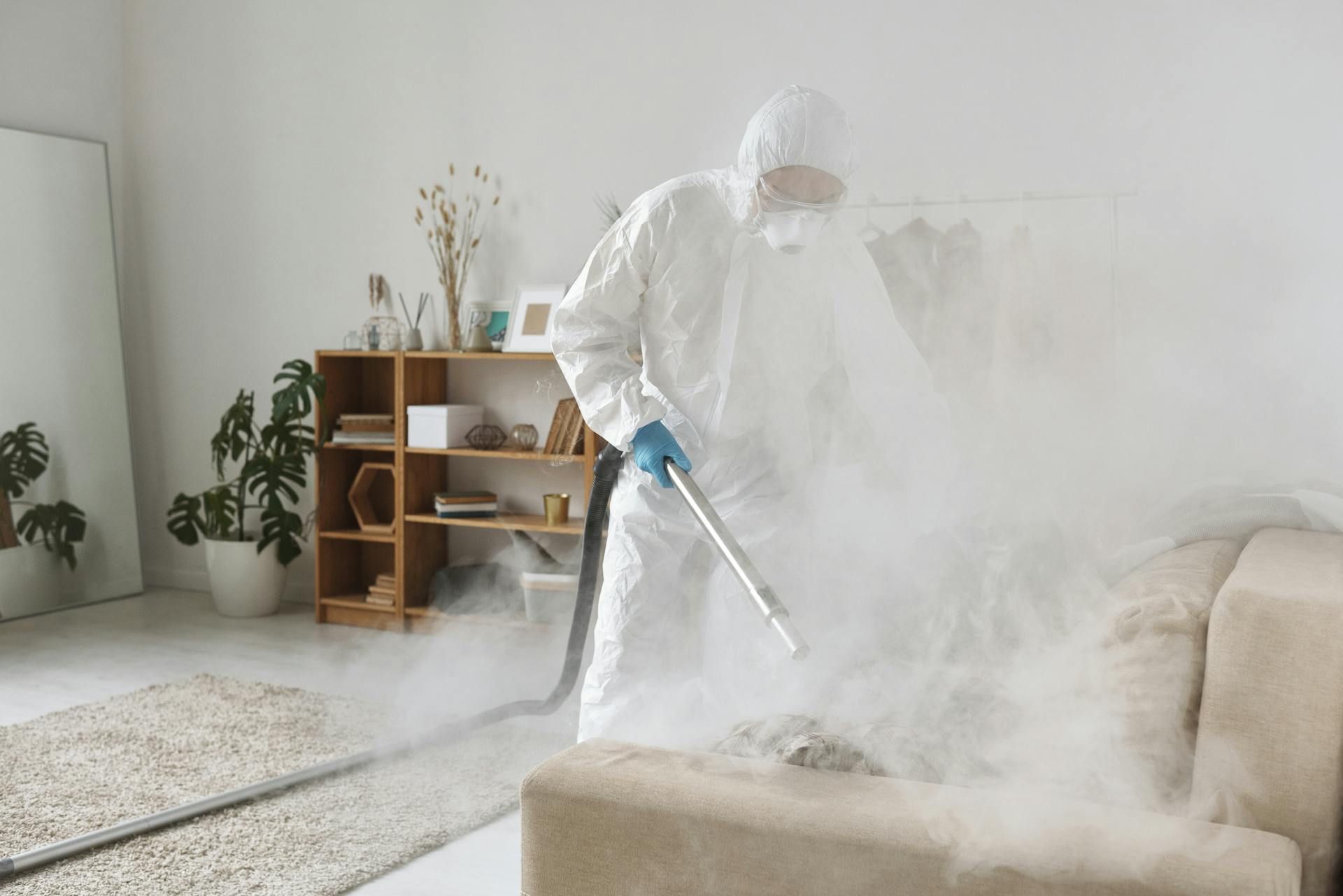 A man in a protective suit is disinfecting a couch in a living room.