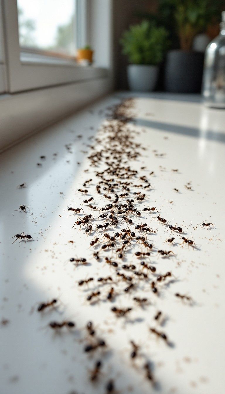 A bunch of ants are crawling on a white counter top.