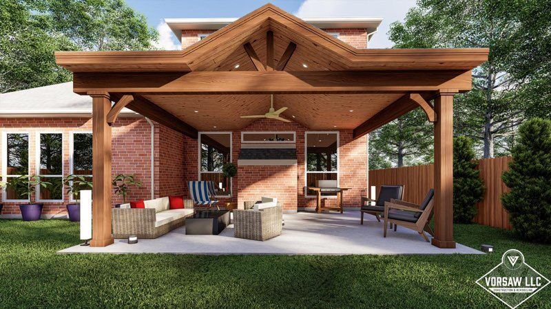 A rendering of a backyard with a wooden pavilion and patio furniture.
