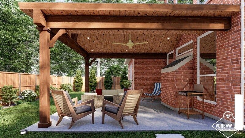 A wooden pergola over a patio with chairs and a table.