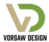 A logo for Vorsaw Designs with a house and trees