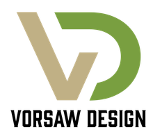 A logo for Vorsaw Designs with a house and trees