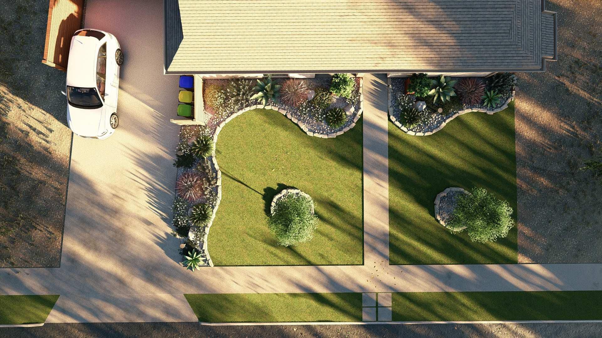 A brick house with a wooden pavilion in the backyard.