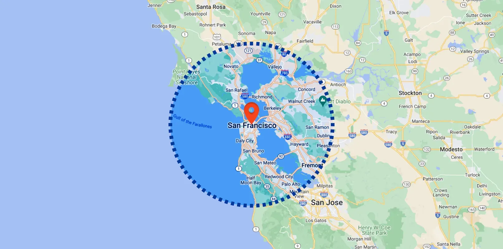 A map of a city with a circle around it.