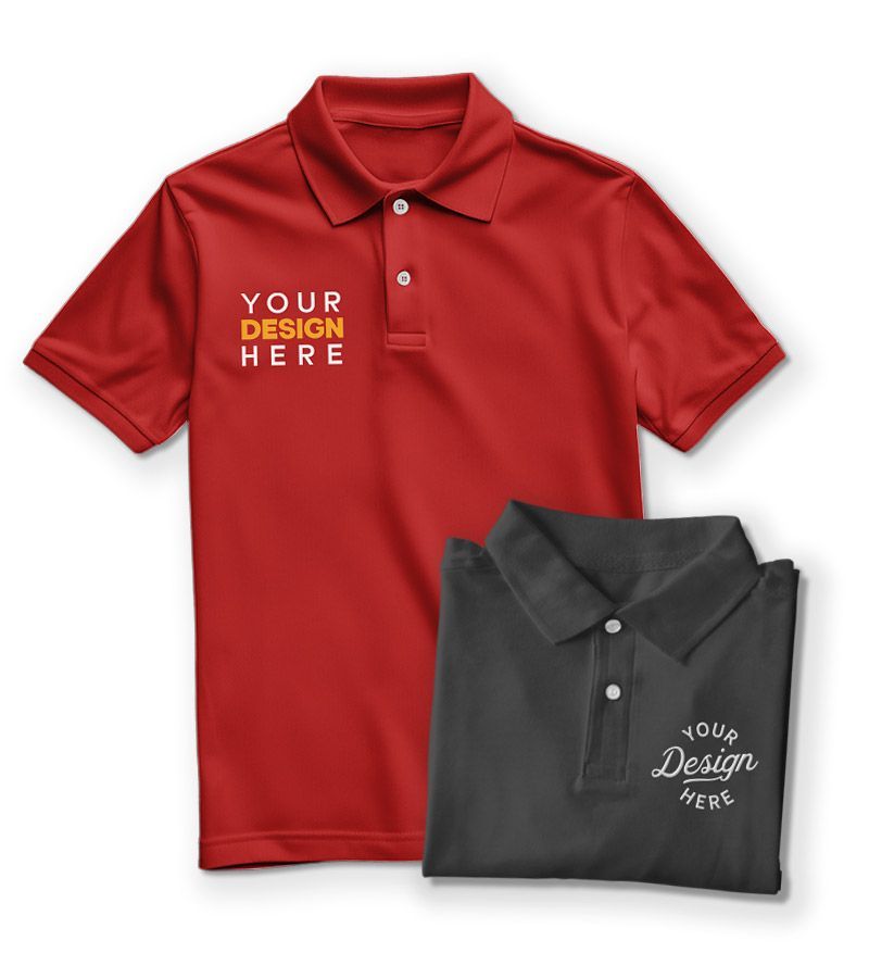 Two polo shirts with one that says soccer on it