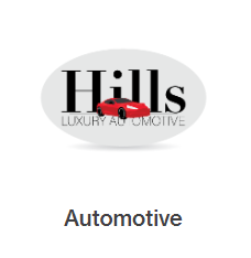 A logo for hills luxury automotive with a red car on it