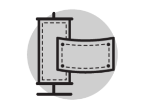 A black and white icon of a banner on a stand.