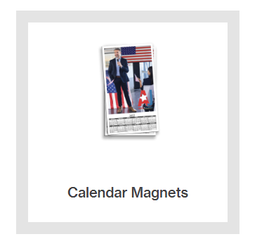A calendar magnet with a picture of a man standing in front of an american flag.