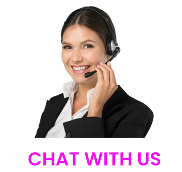 A woman wearing a headset says chat with us