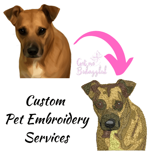 A picture of a dog next to the words custom pet embroidery services