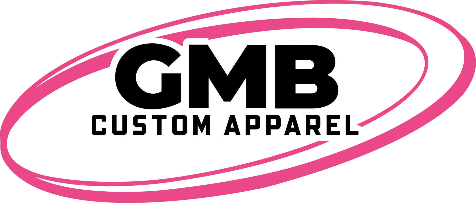 A pink and black logo for gmb custom apparel.