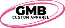 A pink and black logo for gmb custom apparel.