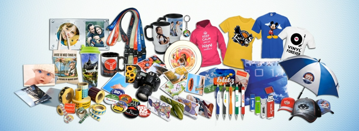 A variety of souvenirs are displayed on a blue background.