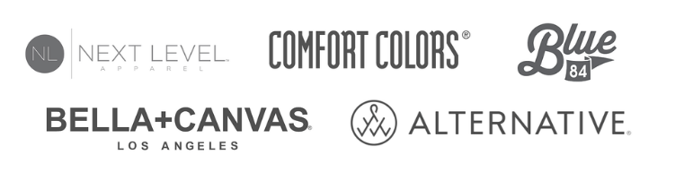 A row of logos including next level comfort colors bella + canvas and alternative