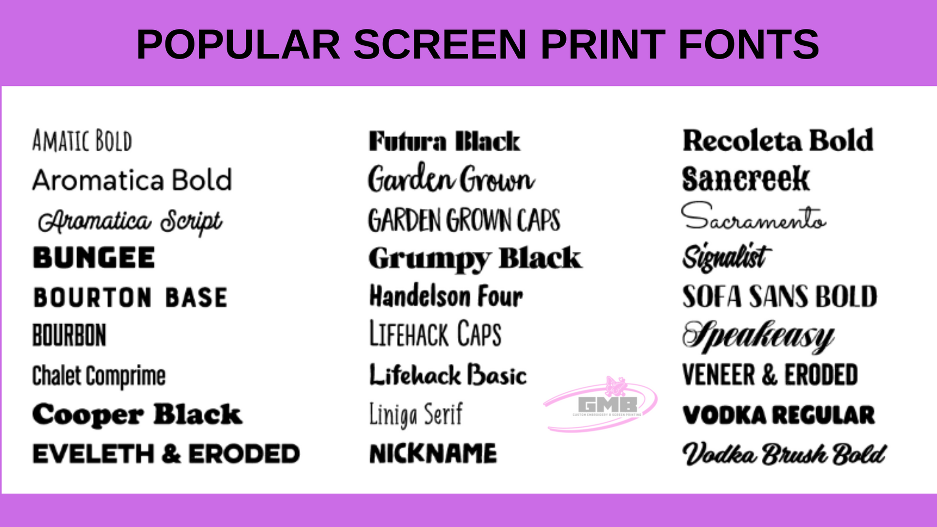 A list of popular screen print fonts on a purple background
