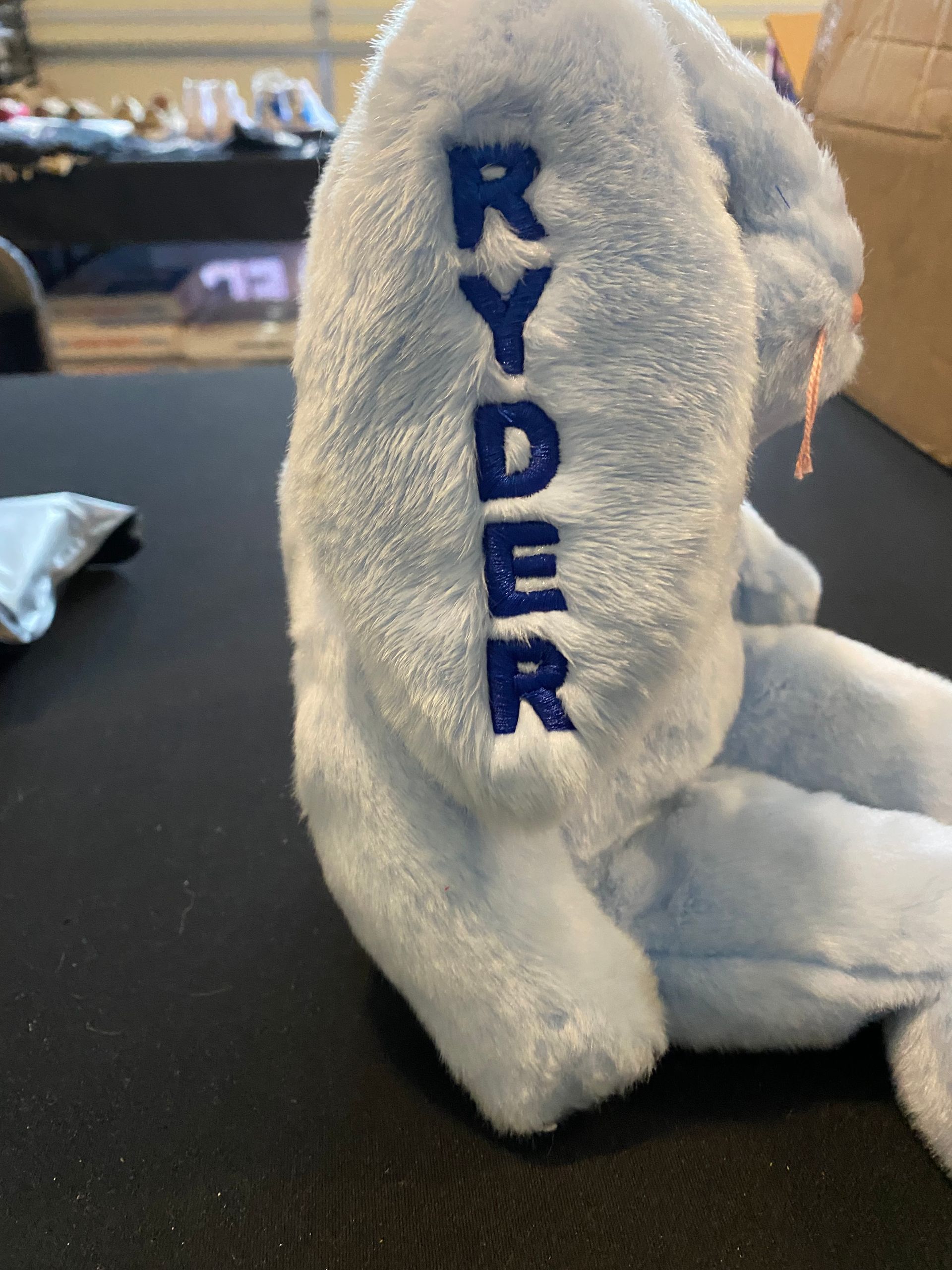 A stuffed animal with the name ryder on it