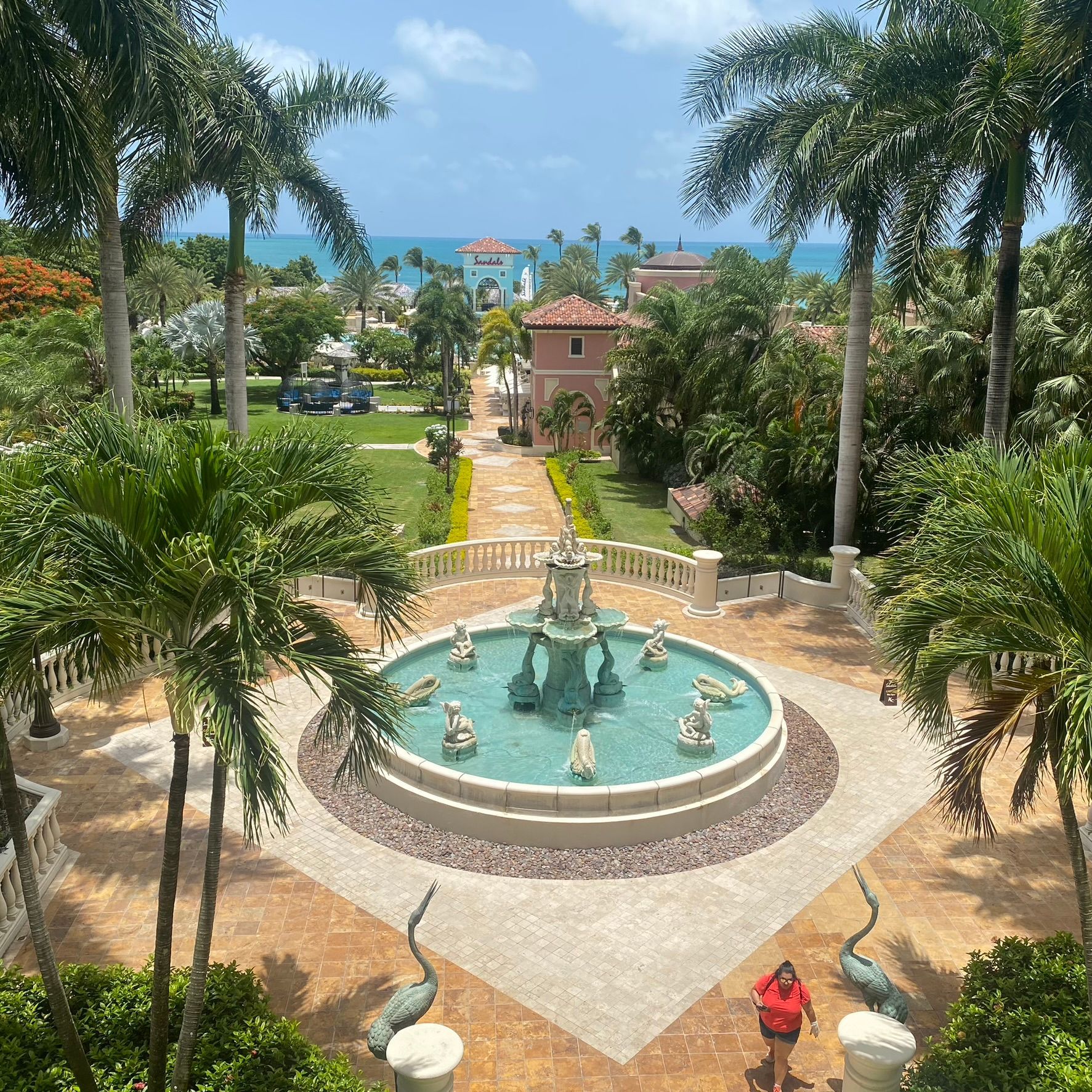 An aerial view of a fountain surrounded by palm trees