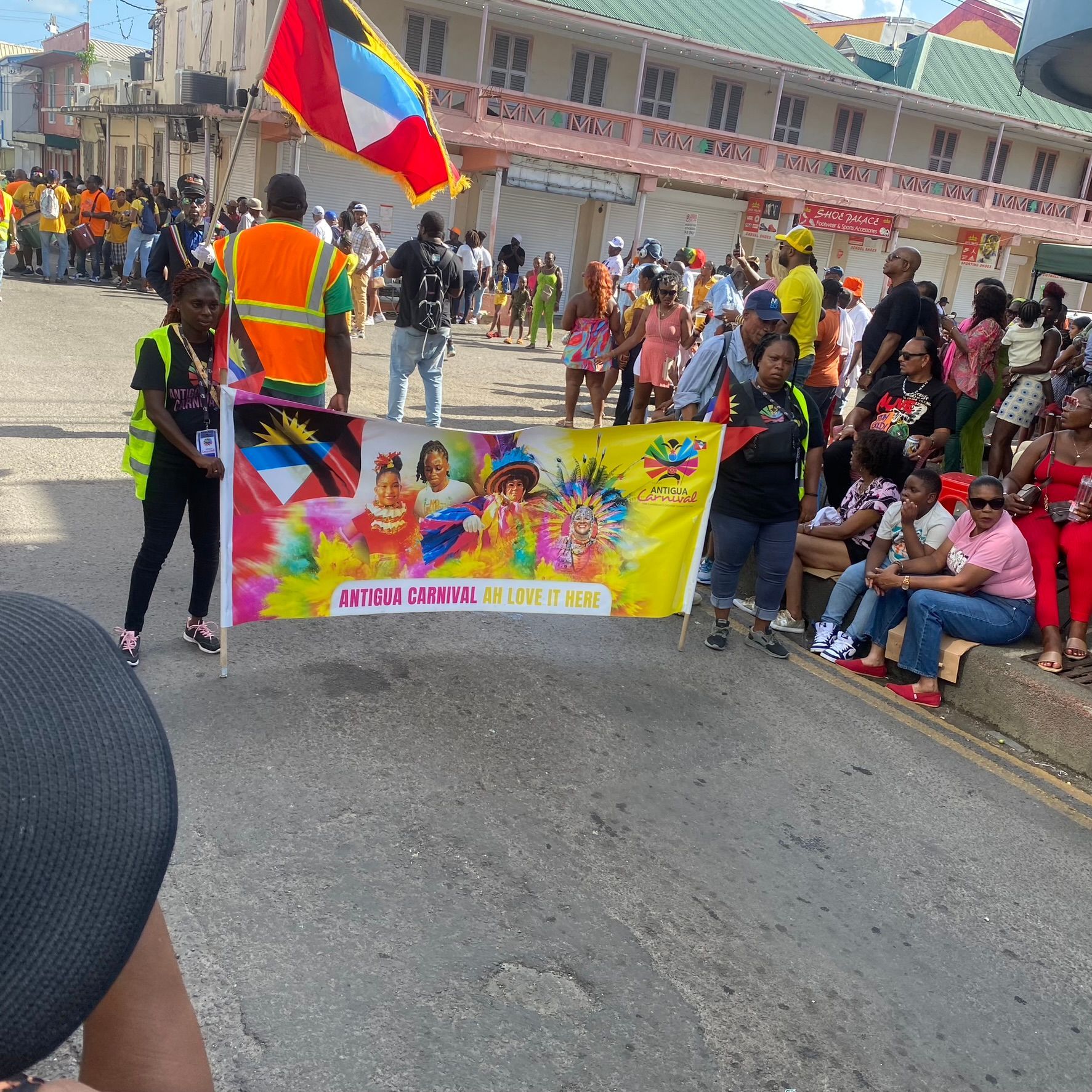 A group of people are walking down a street holding a banner that says acm carnival