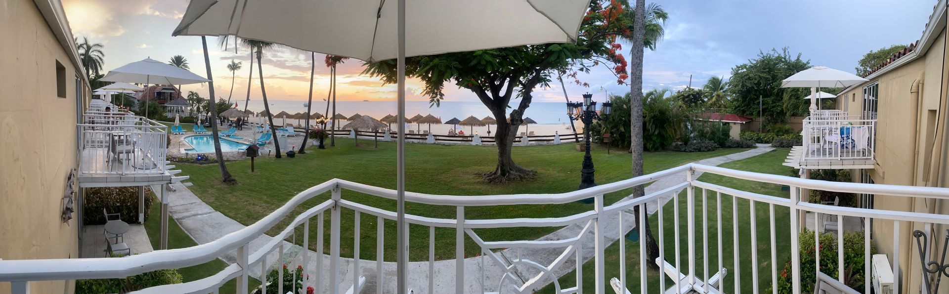 A balcony overlooking a lush green field with palm trees and a swimming pool.