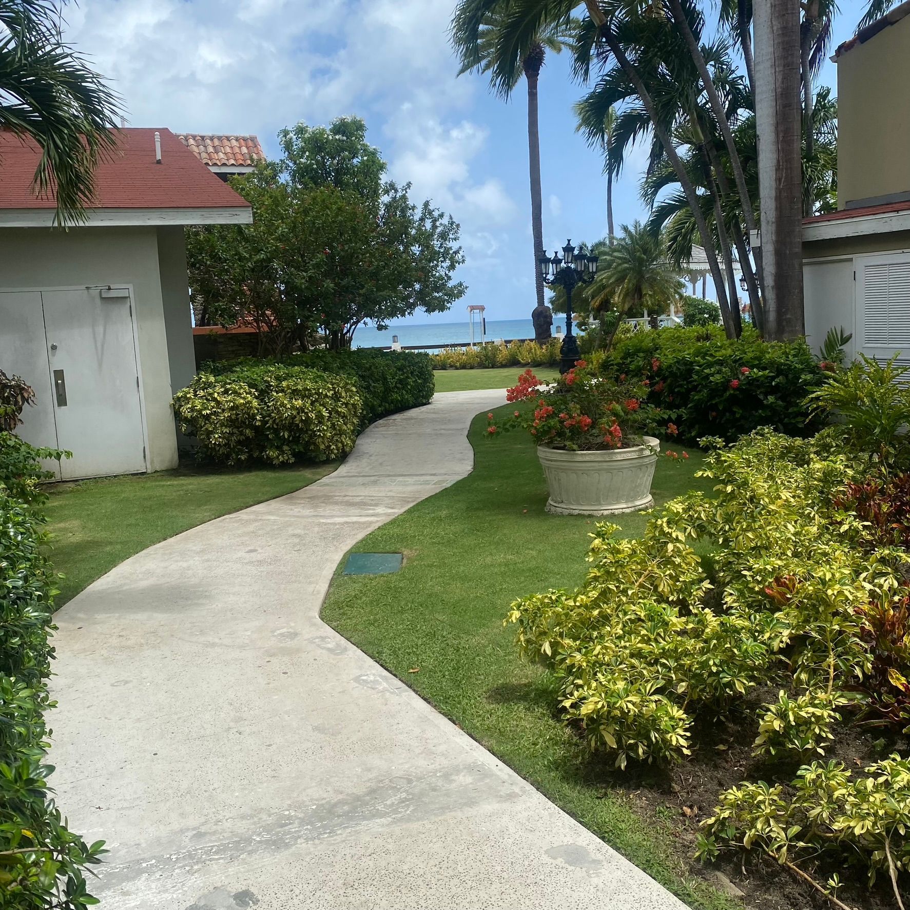 A walkway leading to a building with a red roof