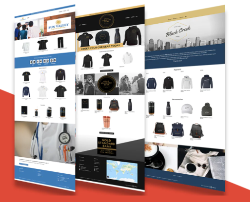 Three different websites are displayed on a white background.