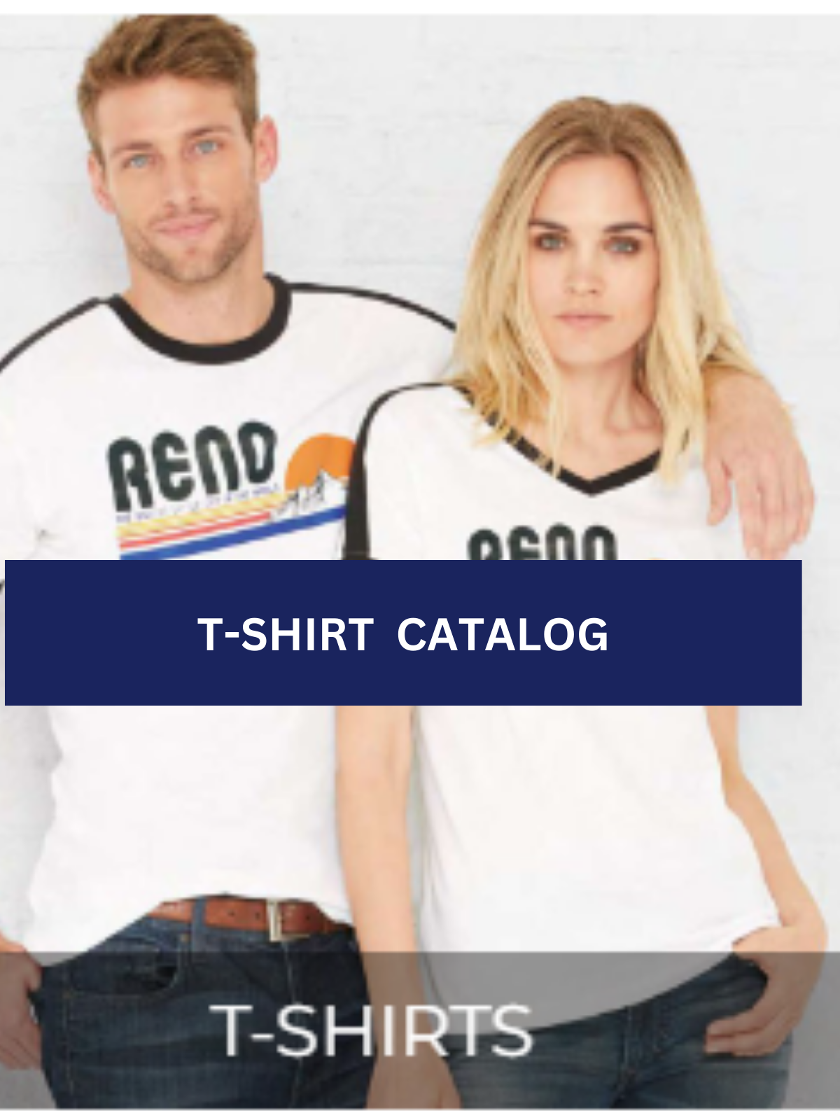 A man and a woman are standing next to each other in front of a t-shirt catalog