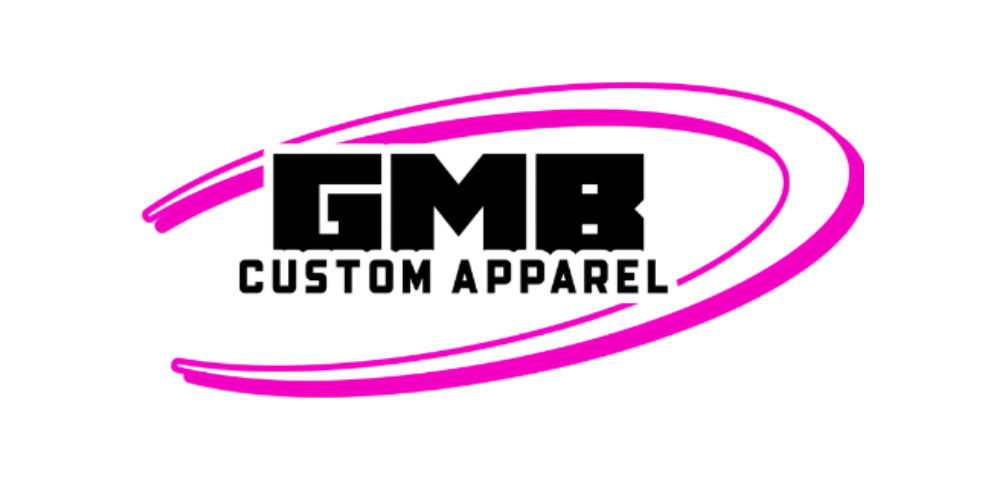 A pink and black logo for gmb custom apparel.