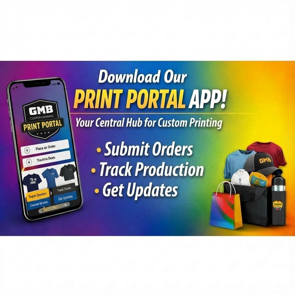 Advertisement for print portal app: phone, text, merchandise, rainbow bag, color gradient background.