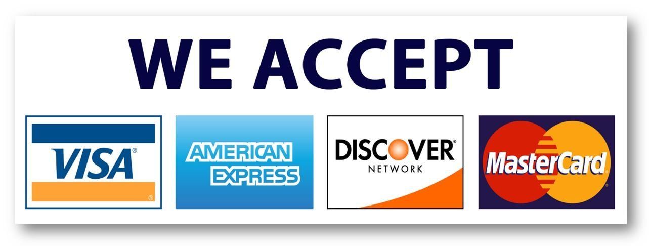 A sign that says we accept visa american express discover and mastercard