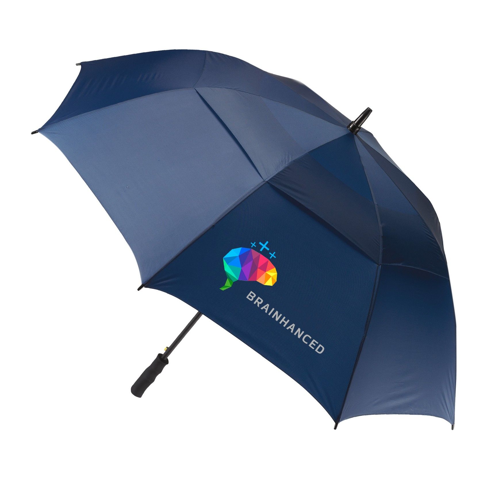 A blue umbrella with a brain embroidered on it