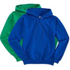Two hoodies , one blue and one green , are sitting next to each other on a white background.