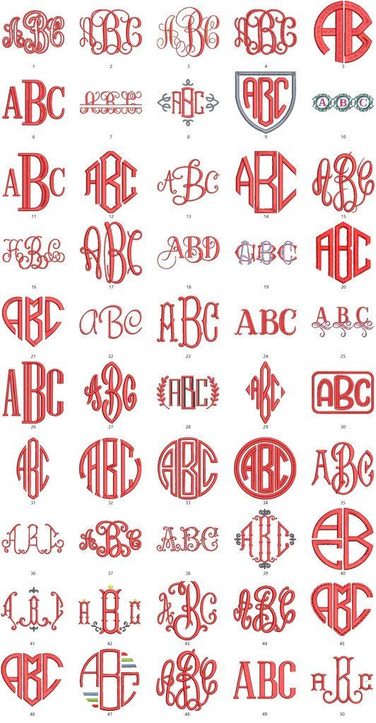 A bunch of red monograms on a white background
