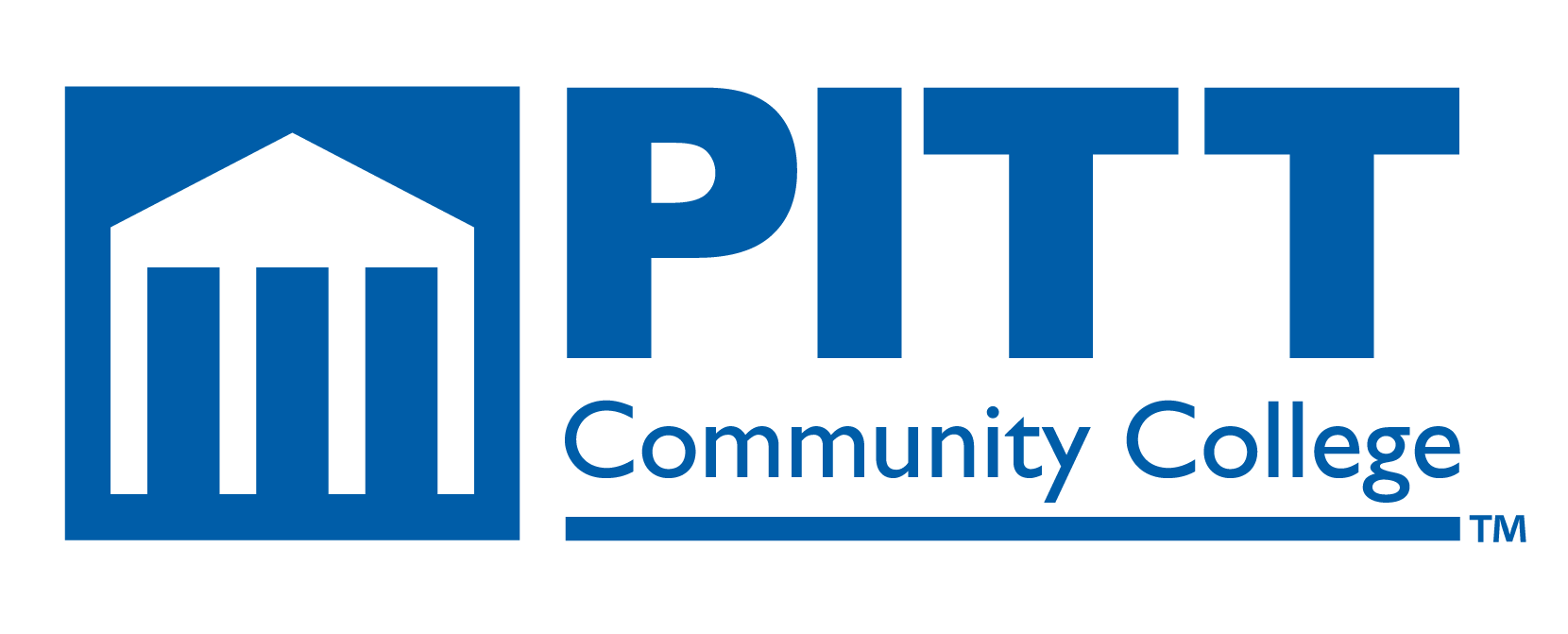 A blue and white logo for pitt community college