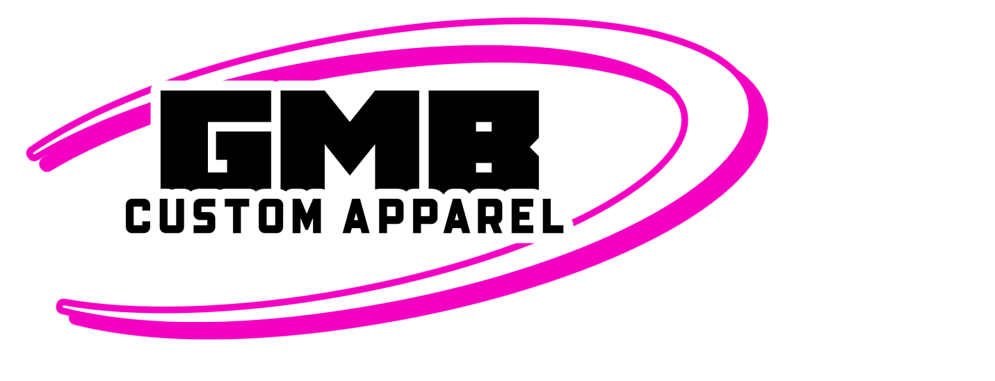 A pink and black logo for gmb custom apparel.