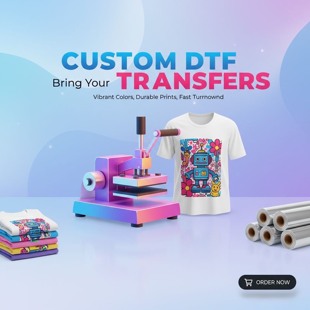 White t-shirt with lion graphic being heat pressed. Rolls of material sit beside it. Text: DTF Transfer Service.