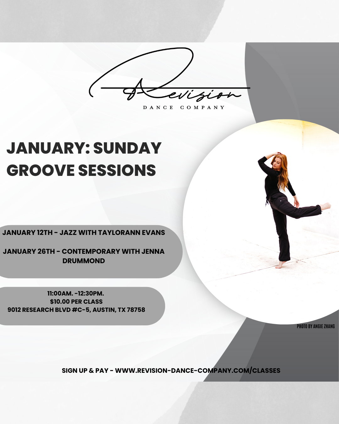 A poster for january sunday groove sessions with a picture of a woman dancing.