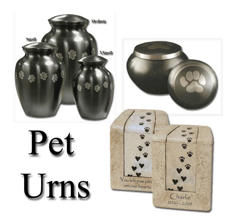 A group of black pet urns with paw prints on them