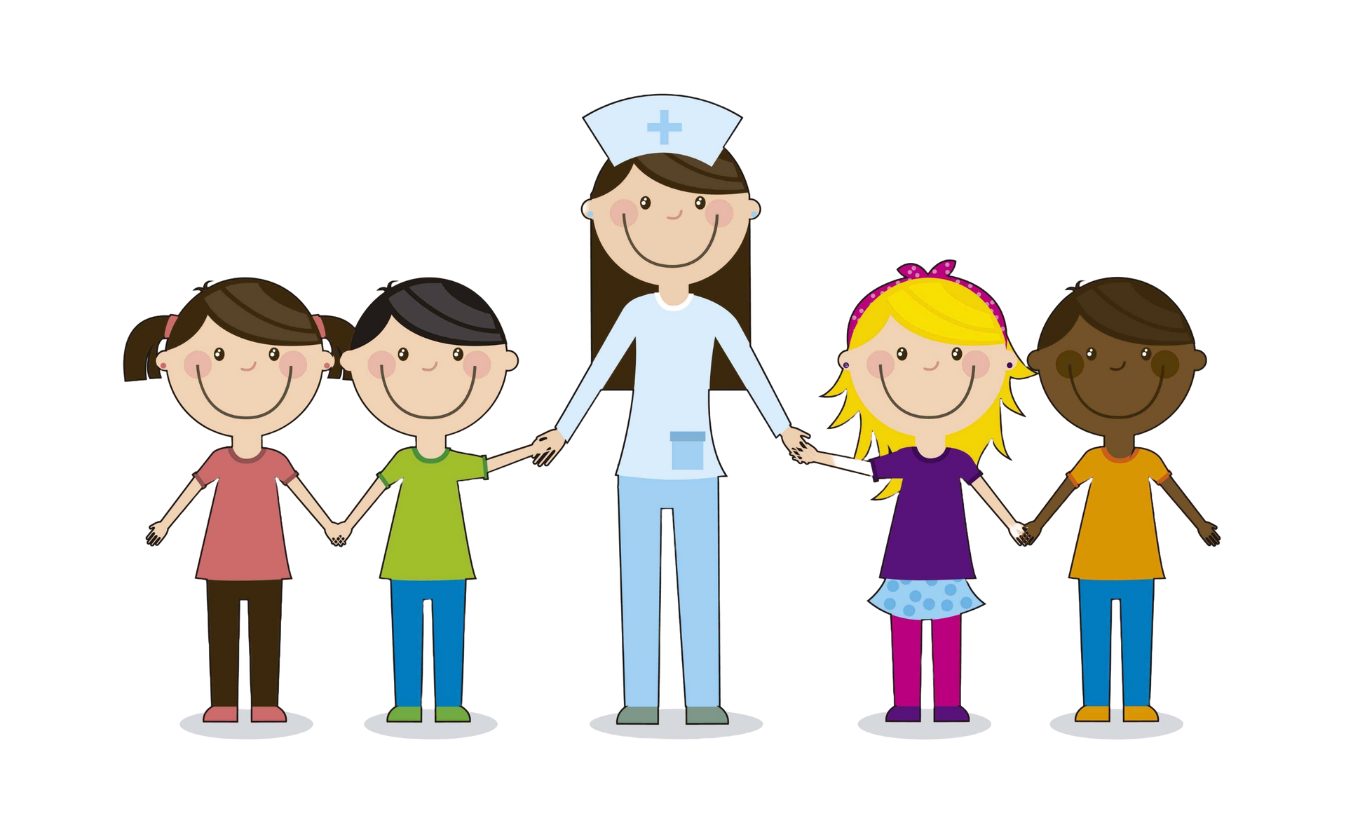 a nurse is standing next to a group of children holding hands .