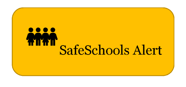 a yellow button with three people and the words safeschools alert on it .