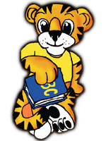 a cartoon tiger is holding a book that says bc on it