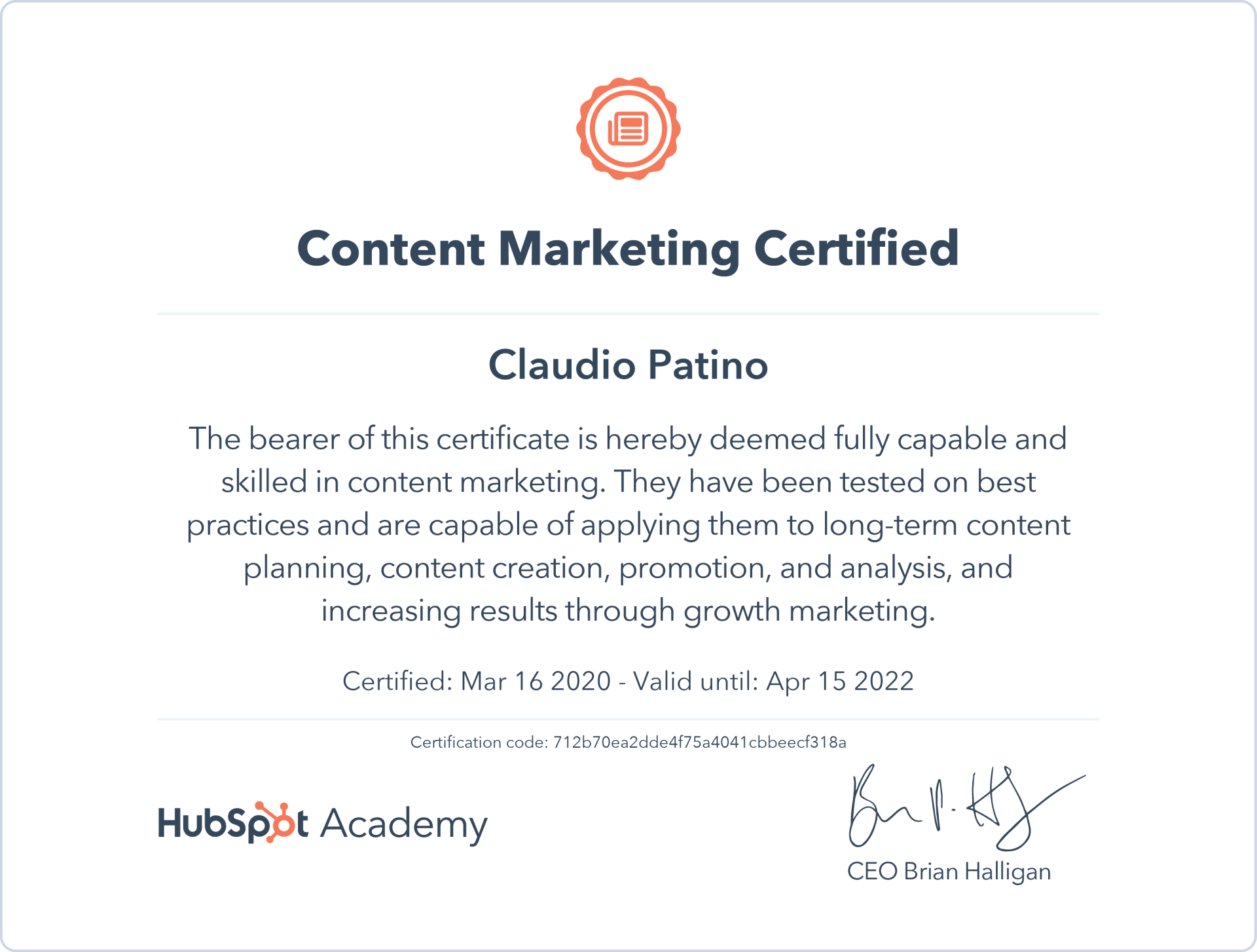 Un certificado que diga marketing de contenidos certificado.