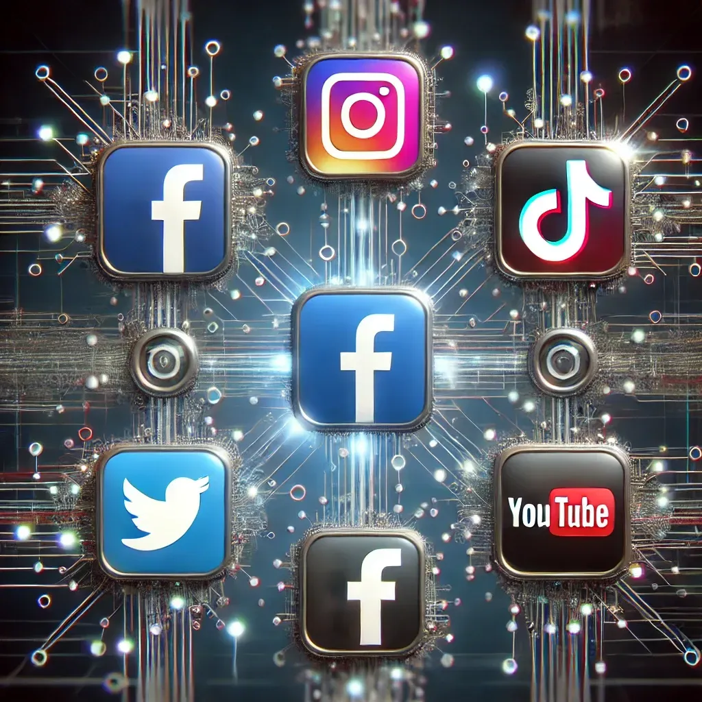 A group of social media icons on a circuit board.