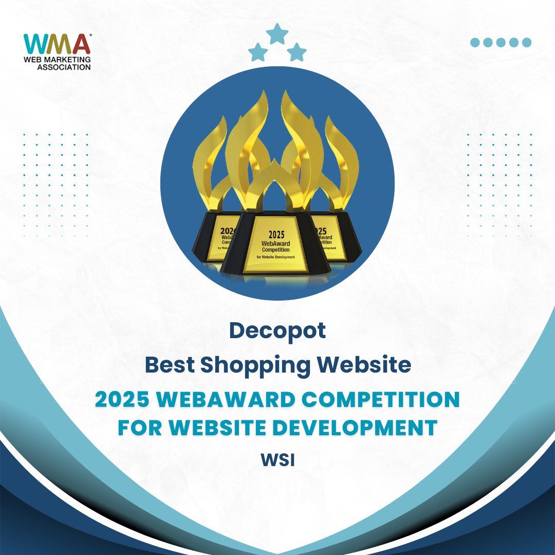 Premio al sitio web de Decopot. Trofeos dorados, círculo azul con estrellas, texto: