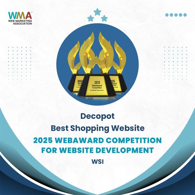 Premio al sitio web de Decopot. Trofeos dorados, círculo azul con estrellas, texto: 