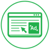 Un ícono verde de la pantalla de una computadora con un anuncio.